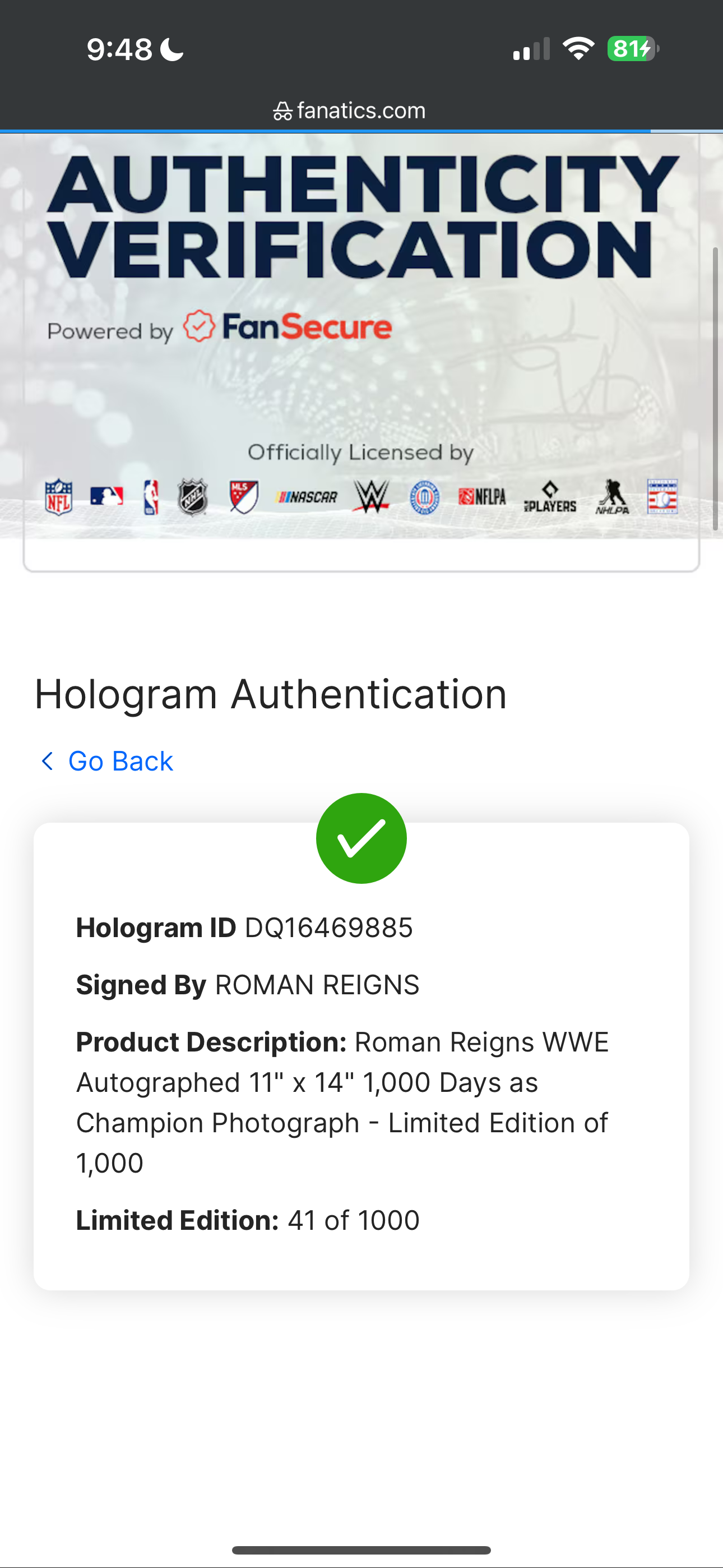 Roman Reigns Autografiada "1000 Days as Champ" 11" x 14" FOTO Fanatics