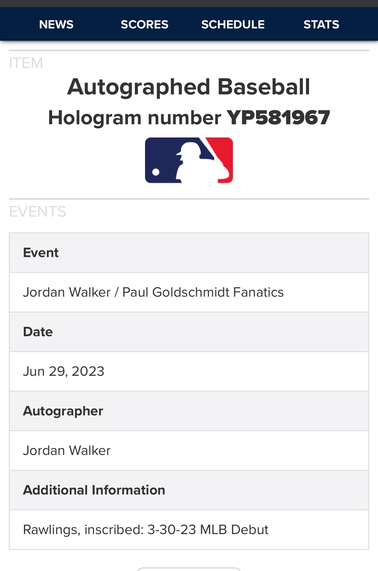 BOLA FIRMADA JORDAN WALKER Inscripción “MLB DEBUT 3-30-23”