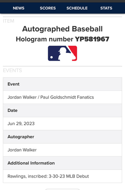 BOLA FIRMADA JORDAN WALKER Inscripción “MLB DEBUT 3-30-23”